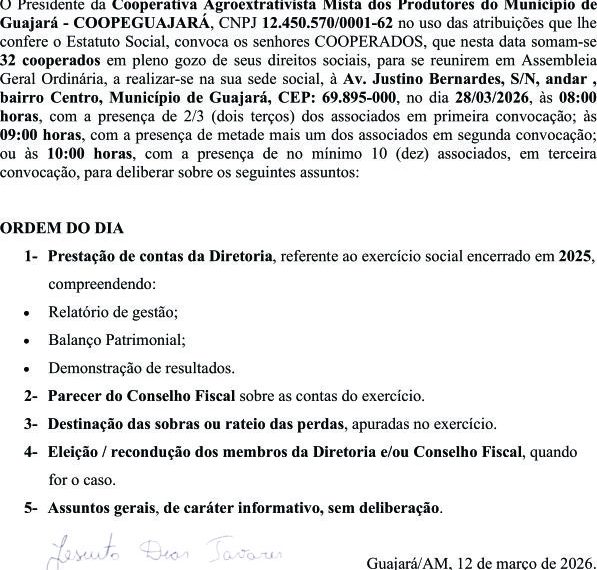 Edital de Convocação de Assembleia Geral Ordinária – Coopeguajará