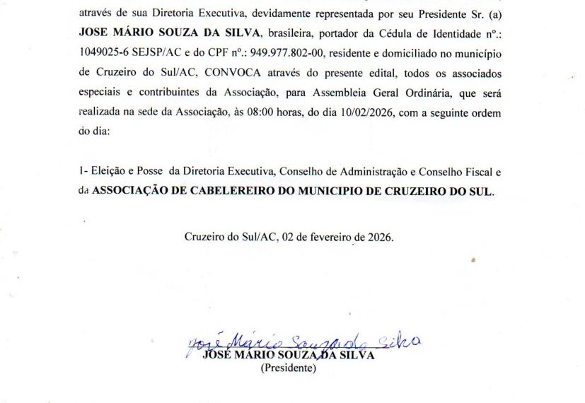 Edital de Convocação – Associação de Cabelereiros de Cruzeiro do Sul – Acre
